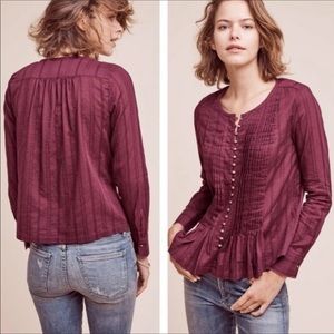 Anthropologie Maeve Maroon Peasant Button Up Top M